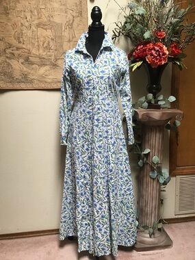 Livro Floral Periwinkle & Green Long Sleeve Maxi Dress NWOT